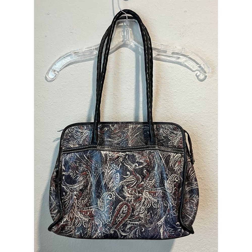 Patricia Nash Purse Satchel Leather Feather Paisley Black Tan Lining Chic Classy